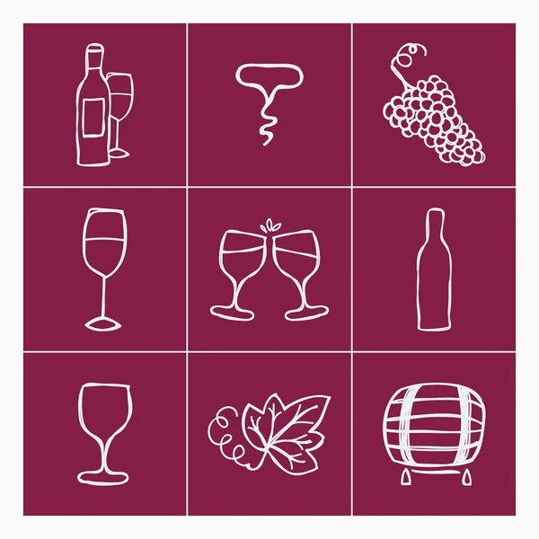 Set of wine making icons, vector illustration. Bottle, corkscrew,grape ripe, glass of wine, grape leaf, stain. — Stock Vector