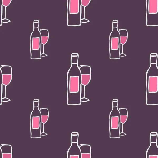 Hand-drawn seamless pattern. Vector illustration.  Wine bottle and glass. — Stock Vector
