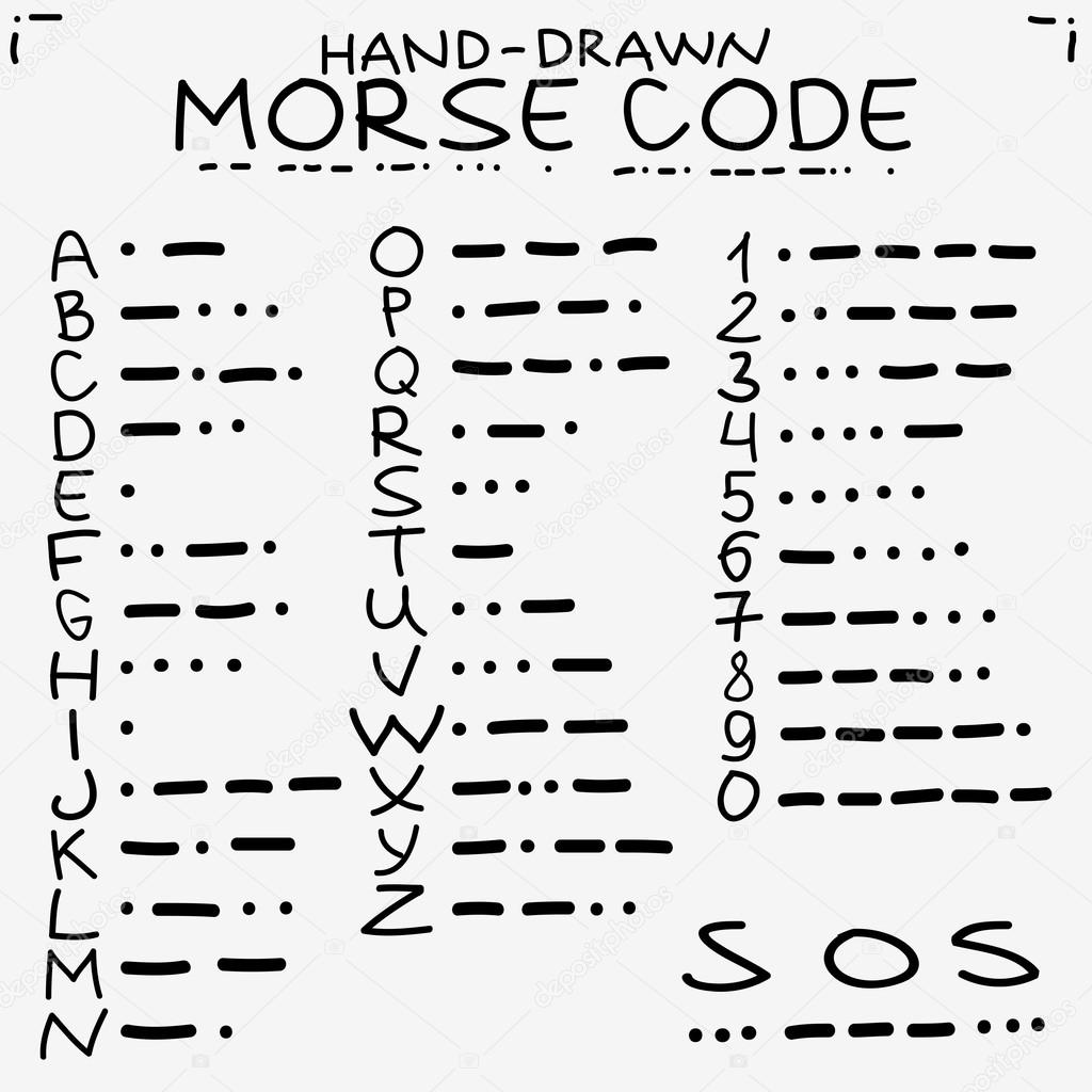 Hand-drawn doodle sketch. International Morse code isolated on white background and s.o.s. save our soules symbols.