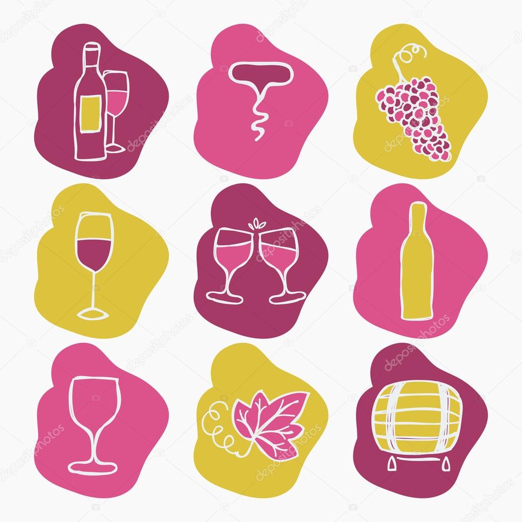 Set of wine making icons, vector illustration. Bottle, corkscrew,grape ripe, glass of wine, grape leaf, stain.