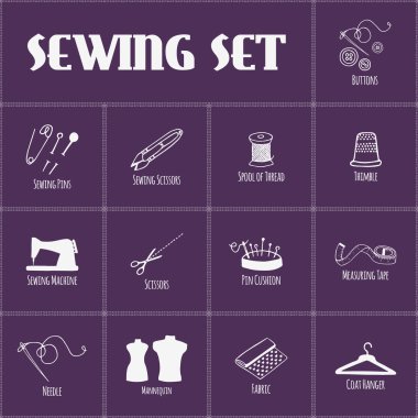 Dikiş ve terzilik simgeler kümesi. Vektör çizim.