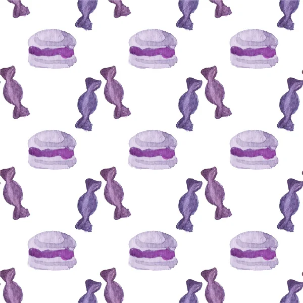 Padrão de aquarela sem costura com macaroons e doces no fundo branco, aquarelle. Ilustração vetorial. Fundo desenhado à mão . —  Vetores de Stock