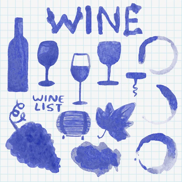 Set of watercolor wine stuff. Decoration and design. Sketch on the copybook sheet. Vector illustration. — Stock Vector