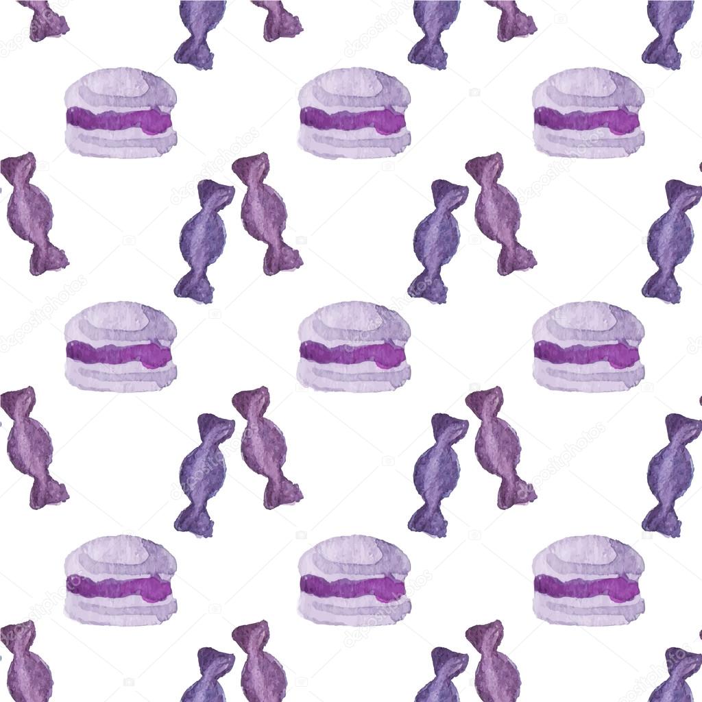 Seamless watercolor pattern with macaroons and candies on the white background, aquarelle.  Vector illustration. Hand-drawn background.