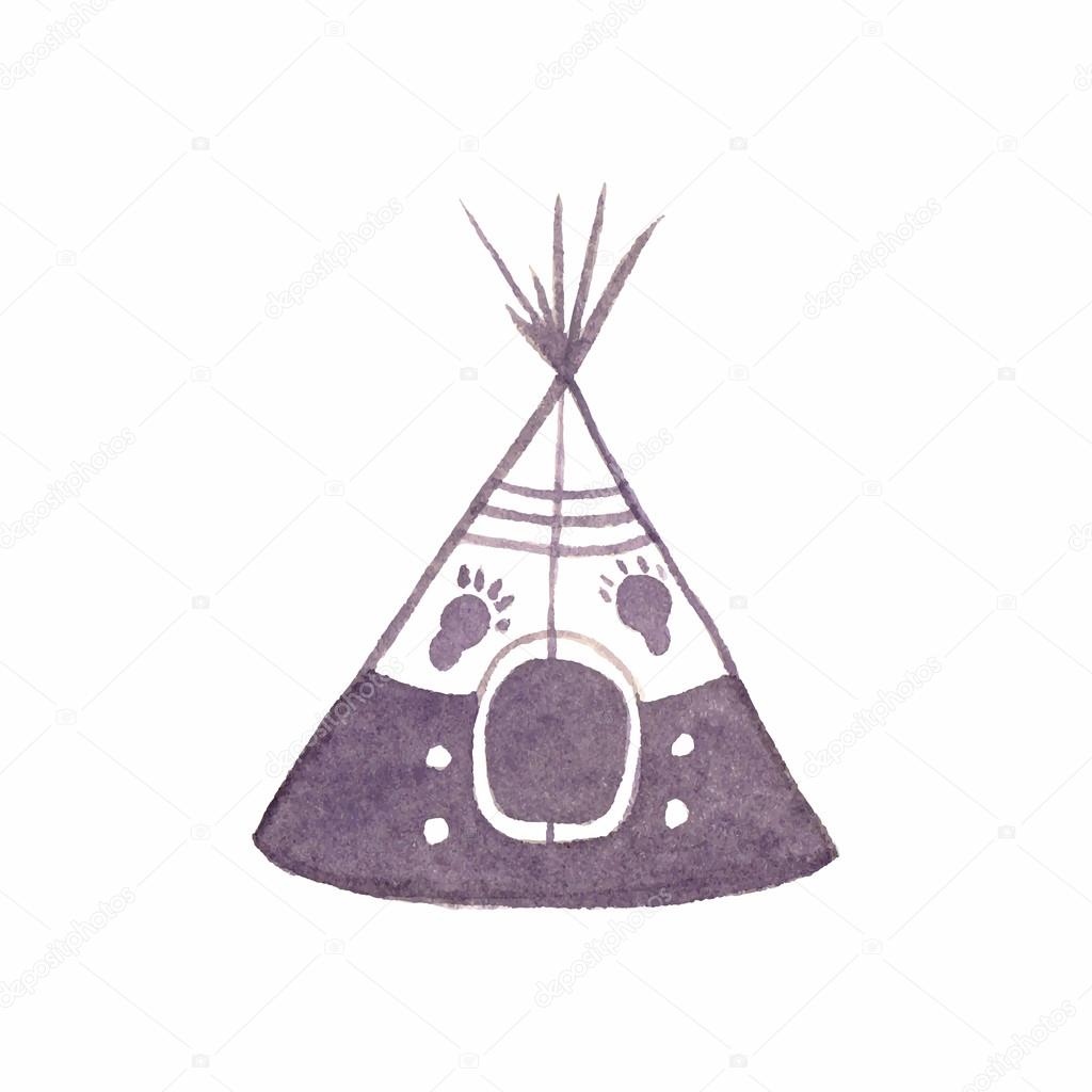Watercolor teepee on the white background, aquarelle. Vector illustration. Hand-drawn decorative element useful for invitations, scrapbooking, design.