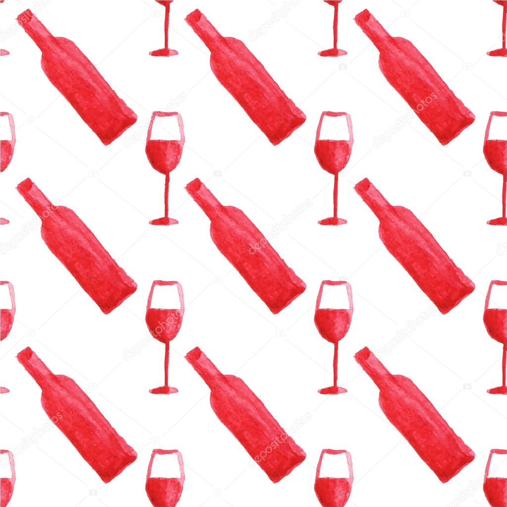 Seamless watercolor pattern with wine bottle and glass on the white background, aquarelle.  Vector illustration. Hand-drawn background.