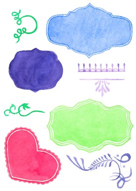 Set suluboya etiket tasarım öğeleri ve süsleri, vintage çerçeve el yapımı aquarelle. Vektör çizim. Dekoratif parçalar Davetiyeler, scrapbooking, tasarım için yararlı çizilmiş.