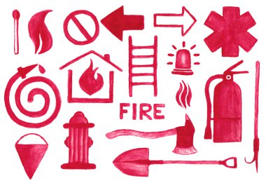Yangın söndürme Icons set. Suluboya aquarelle kalem, beyaz arka plan imzalar. Vektör çizim.