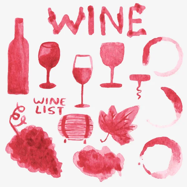 Set of watercolor wine stuff on the white background, aquarelle.  Vector illustration. Hand-drawn background. — Stock Vector
