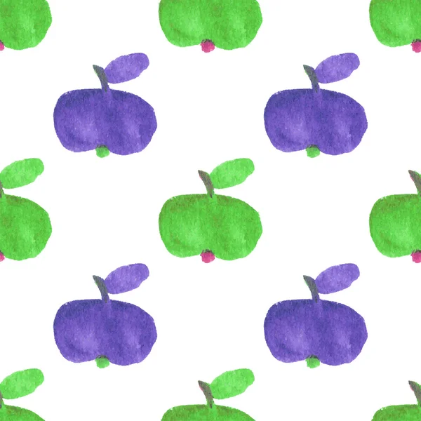 Patrón de acuarela sin costuras con divertidas manzanas verdes y violetas en el fondo blanco, aquarelle. Ilustración vectorial. Fondo dibujado a mano . — Archivo Imágenes Vectoriales