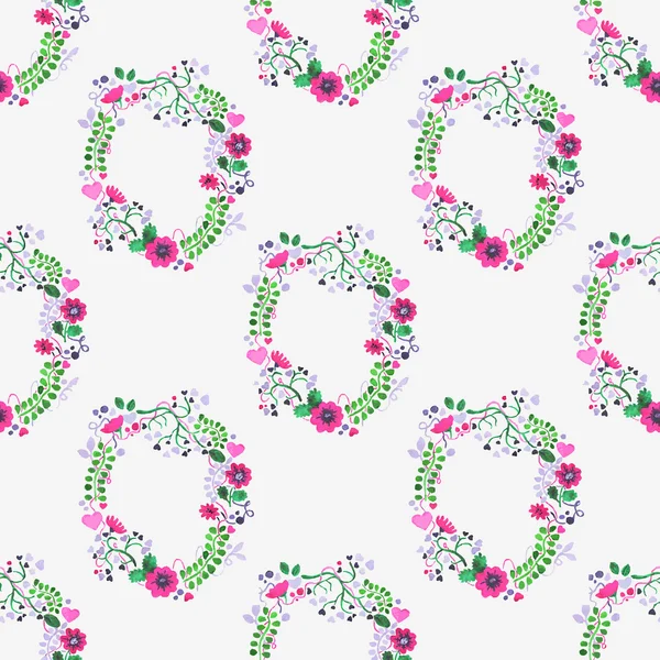 Seamless watercolor pattern with gorgeus flower wreaths on the white background, aquarelle.  Vector illustration. — Stock Vector