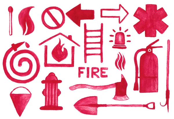 Conjunto de iconos de extinción de incendios. Signos de acuarela sobre el fondo blanco, lápiz acuarela. Ilustración vectorial . — Vector de stock