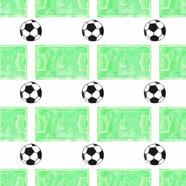 Watercolor seamless pattern with ball and football field on the white background, aquarelle. Vector illustration. — Stock Vector