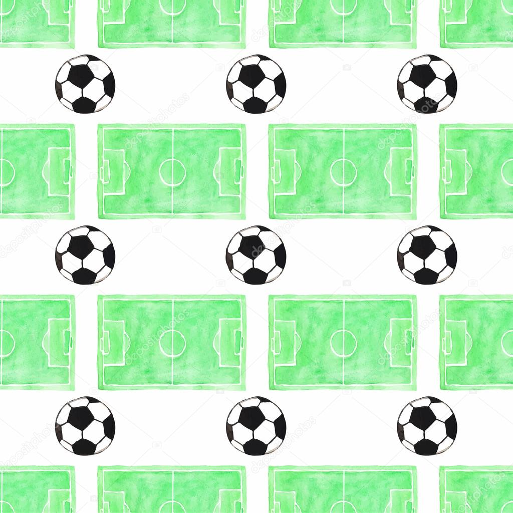 Watercolor seamless pattern with ball and football field on the white background, aquarelle. Vector illustration.