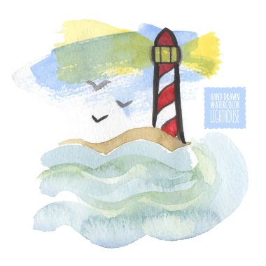 Suluboya beyaz arka plan, deniz feneri ile yazdırma aquarelle. Çizilmiş vektör çizim.