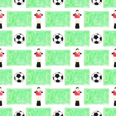 Watercolor seamless pattern with ball, player and football field on the white background, aquarelle. Vector illustration. clipart