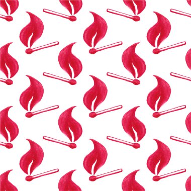 Watercolor seamless pattern with burning match stick on the white background, aquarelle pencil. Vector illustration.