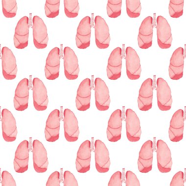 Watercolor seamless pattern with realistic human lungs on the white background, aquarelle.  Vector illustration.