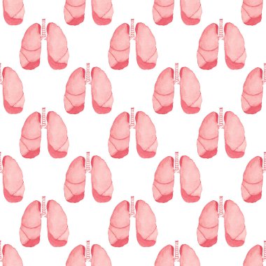 Watercolor seamless pattern with realistic human lungs on the white background, aquarelle.  Vector illustration. clipart