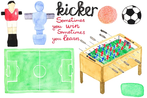 Set watercolor foosball  or kicker design elements, aquarelle. Vector illustration. — Stock Vector