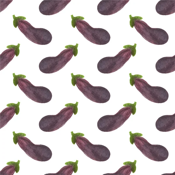 Seamless watercolor pattern with eggplant or aubergine on the white background, aquarelle. Vector illustration. Hand-drawn background. — Stock Vector