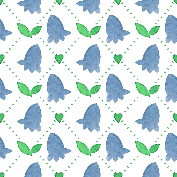 Seamless watercolor pattern with bluebells on the white background, aquarelle.  Vector illustration. Hand-drawn background. — Stockový vektor