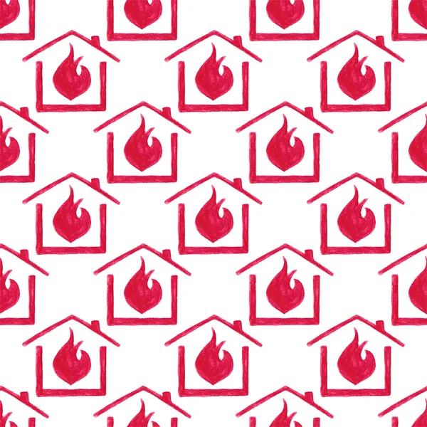 Watercolor seamless pattern with house in fire on the white background, aquarelle pencil.  Vector illustration. Hand-drawn simple decorative element — 스톡 벡터