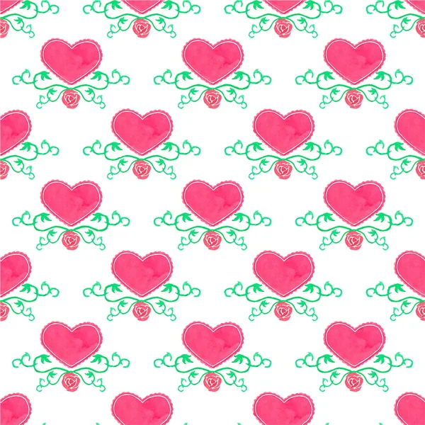 Watercolor seamless pattern with victorian heart and flourishes on the white background, aquarelle.  Vector illustration. — Stock Vector