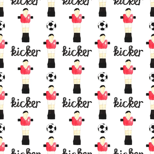 Watercolor seamless pattern with ball, foosball player and kicker sign on the white background, aquarelle. Vector illustration. — Wektor stockowy