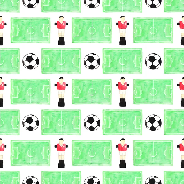 Watercolor seamless pattern with ball, player and football field on the white background, aquarelle. Vector illustration. — 스톡 벡터