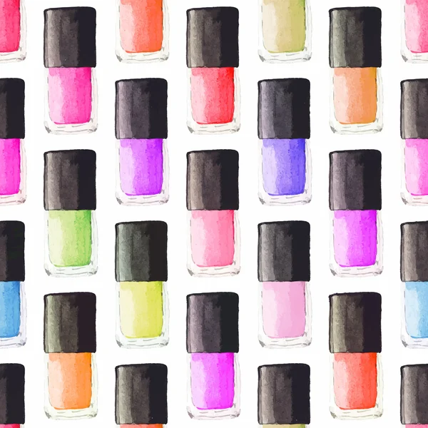 Seamless watercolor pattern with beauty items on the white background, aquarelle nail polish.  Vector illustration. Hand-drawn background. — Stok Vektör