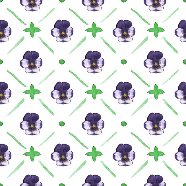 Seamless watercolor pattern with pansies on the white background, aquarelle.  Vector illustration. Hand-drawn background. — Stockový vektor