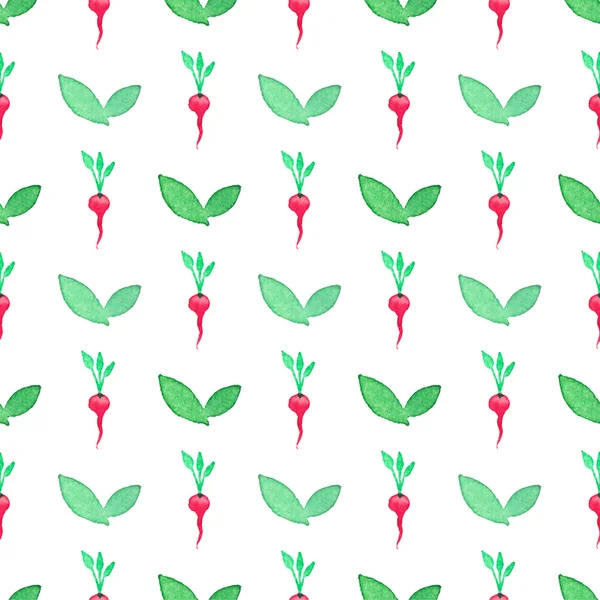 Seamless watercolor pattern with radishes on the white background, aquarelle.  Vector illustration. Hand-drawn background. — Stok Vektör