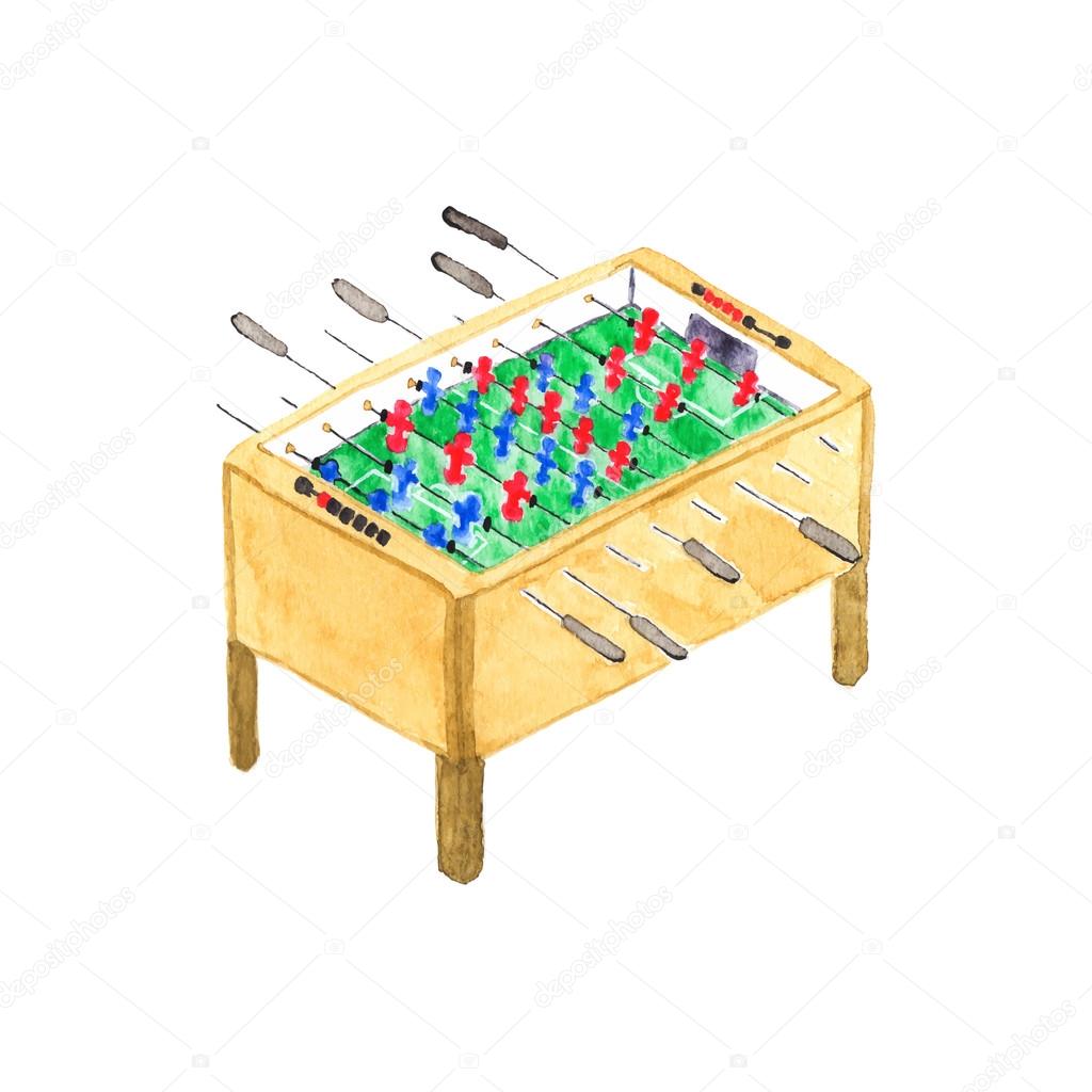 Old fashioned foosball or kicker table. Watercolor object on the white background, aquarelle. Vector illustration.