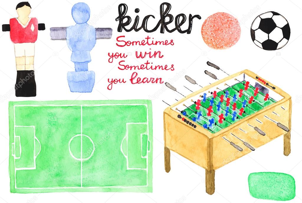 Set watercolor foosball or kicker design elements, aquarelle. Vector