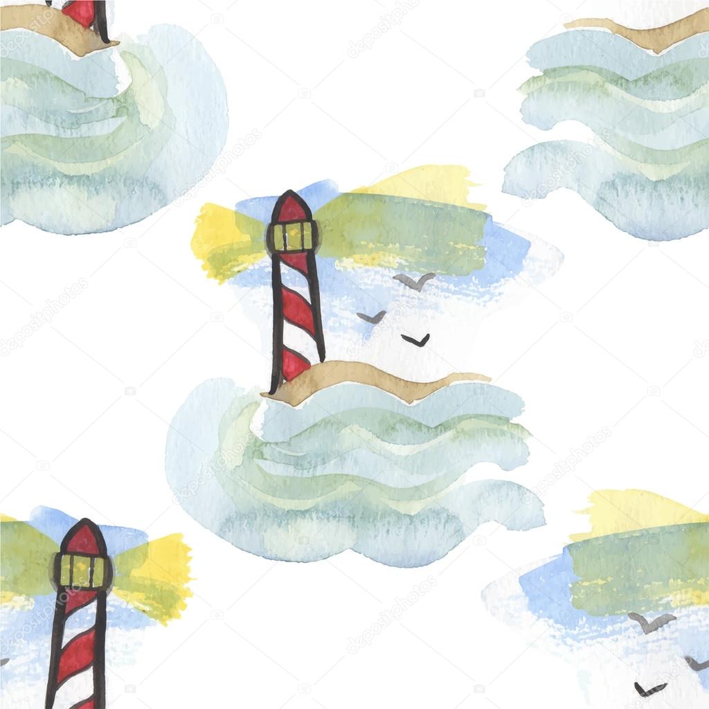 Seamless watercolor pattern with lighthouse on the white background, aquarelle.  Vector illustration. Hand-drawn background.