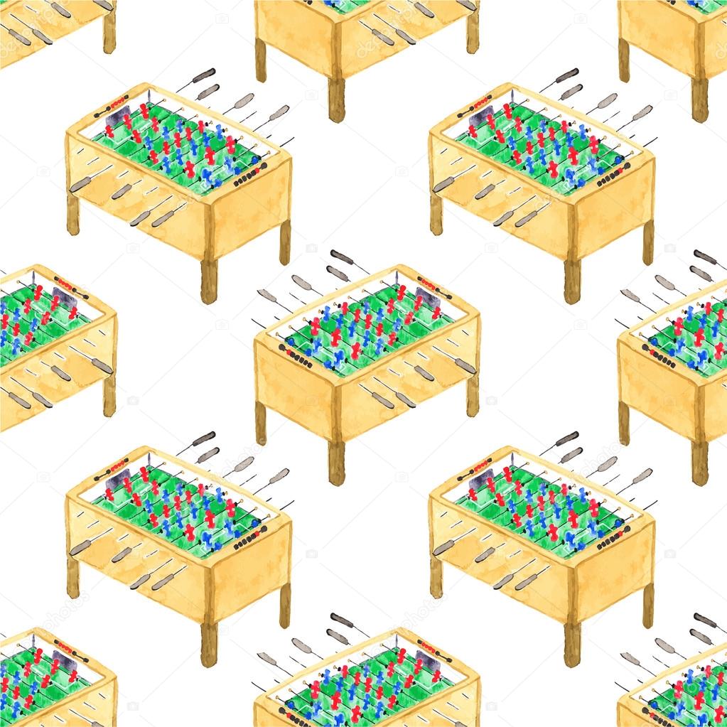 Watercolor seamless pattern with foosball tables on the white background, aquarelle. Vector illustration.