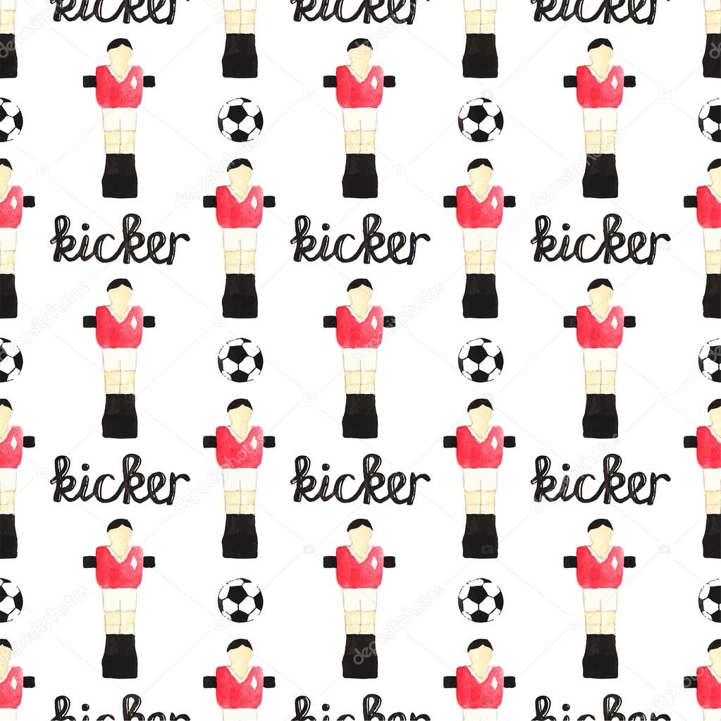 Watercolor seamless pattern with ball, foosball player and kicker sign on the white background, aquarelle. Vector illustration.
