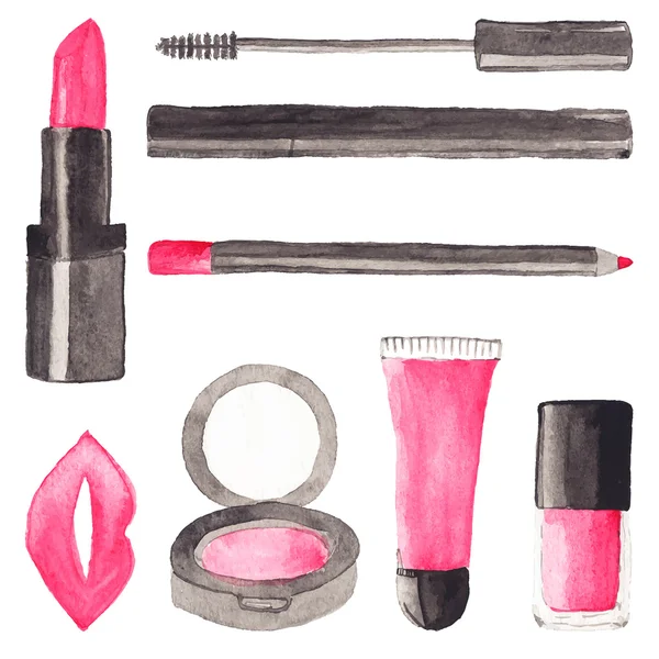 Make-up-Sachen. Set von Aquarell Schönheitsgegenständen auf weißem Hintergrund, Aquarell. Vektorillustration. Handgezeichneter Hintergrund. — Stockvektor