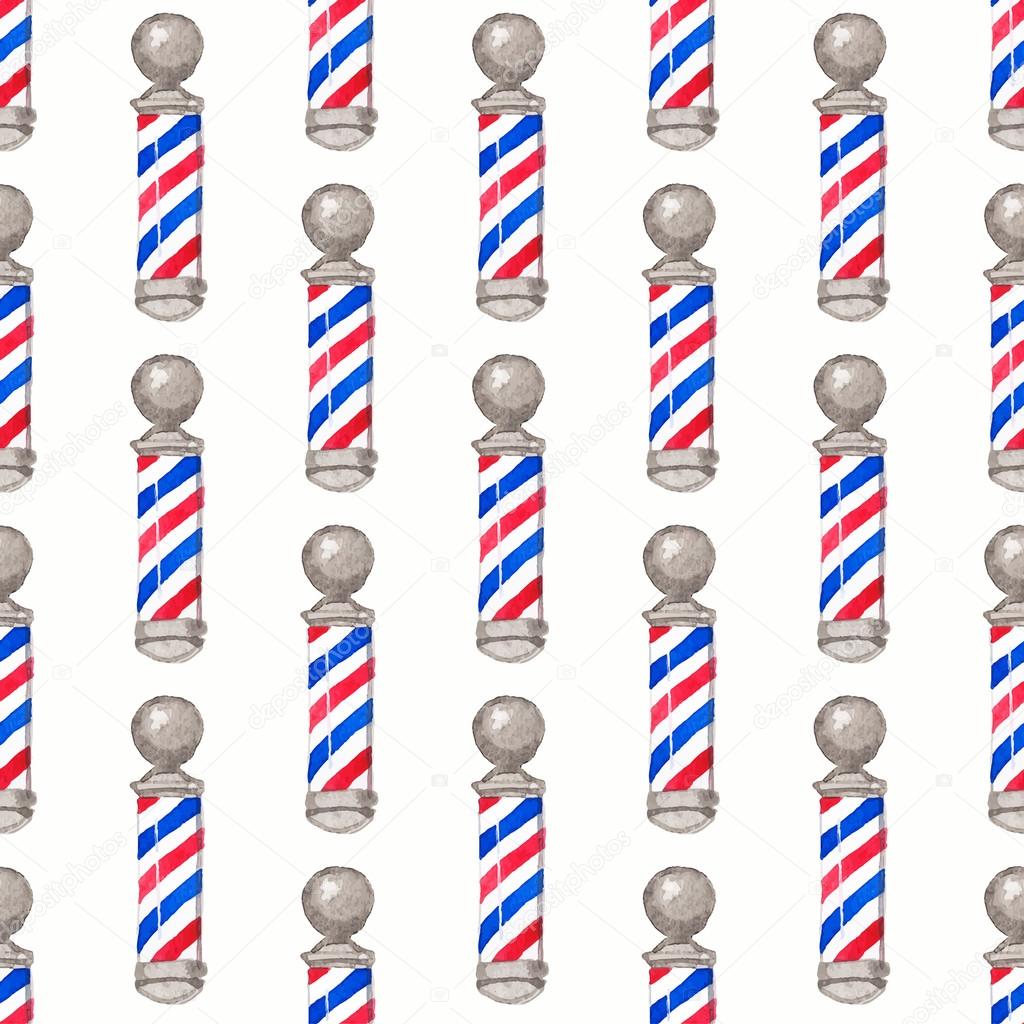 Barber pole.  Seamless watercolor pattern with barber poles on the white background, aquarelle. Vector illustration.