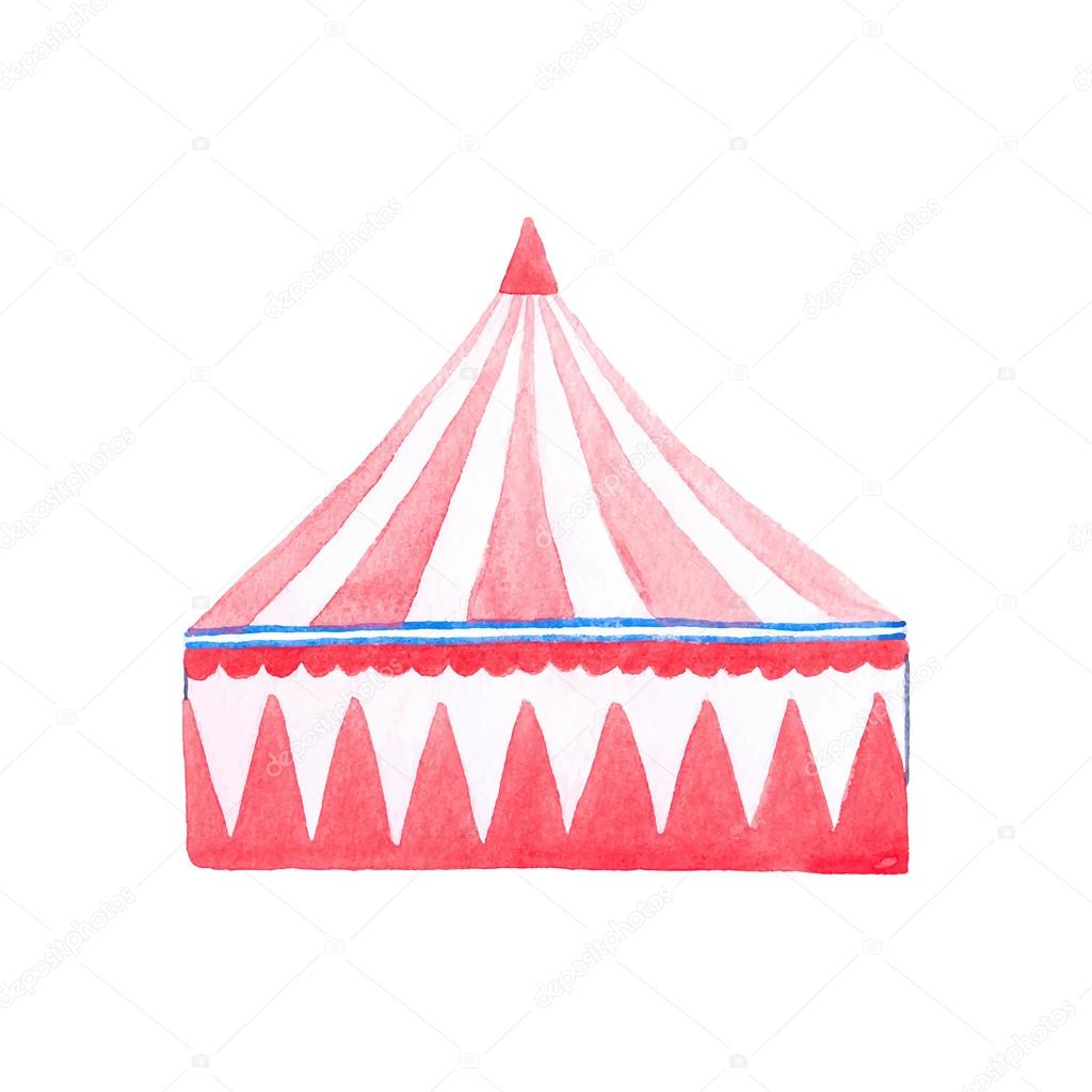 Circus Watercolor red and white tent on the white background