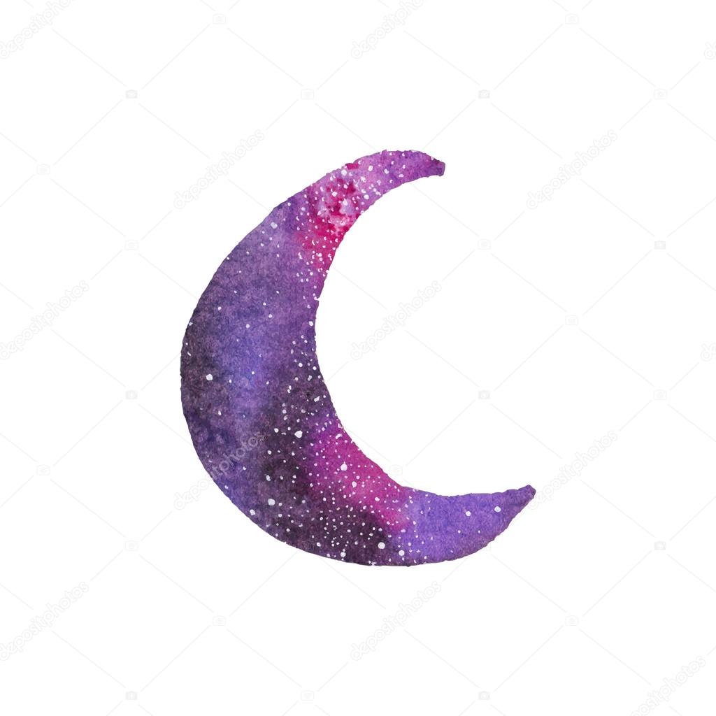 Cosmic crescent. Watercolor galaxy crescent on the white background
