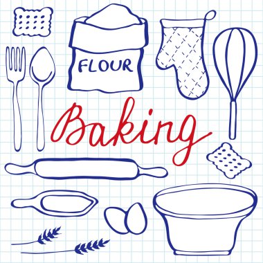 Pişirme seti. Elle çizilmiş çizgi film eşyaları ve ingridients. Doodle çizimi. 