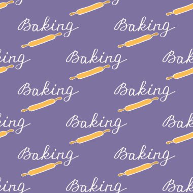 Baking. Seamless pattern with word baking and rolling-pin. Hand-drawn background. Vector illustration.