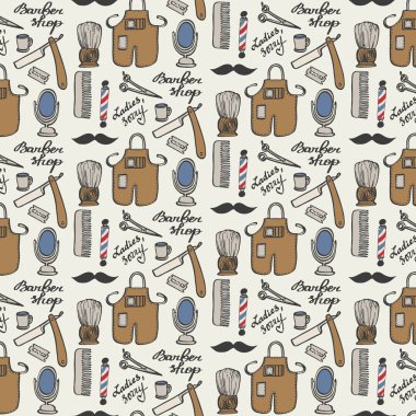 Barbershop set. Seamless pattern with hand-drawn cartoon hairdressing stuff. Vector illustration.