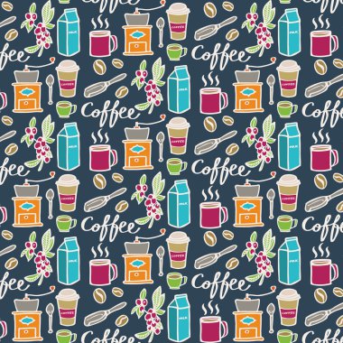 Coffee. Seamless pattern with doodle coffee elements. Hand-drawn background. Vector illustration.