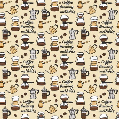 Coffee brewing methods. Seamless pattern with doodle coffee stuff. Hand-drawn background. Vector illustration.