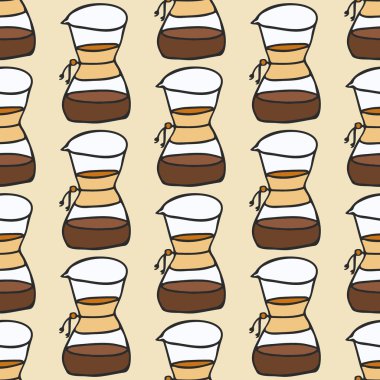 Coffee maker.  Seamless pattern with doodle drip or chemex. Hand-drawn background. Vector illustration.