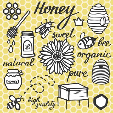 Bal seti. Tarak arka planında elle çizilmiş karalama çizimi. 