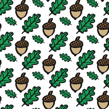 Meşe yaprakları ve meşe palamudu dikişsiz desen. Elle çizilmiş dikişsiz çizgi film deseni. Vektör çizimi. 